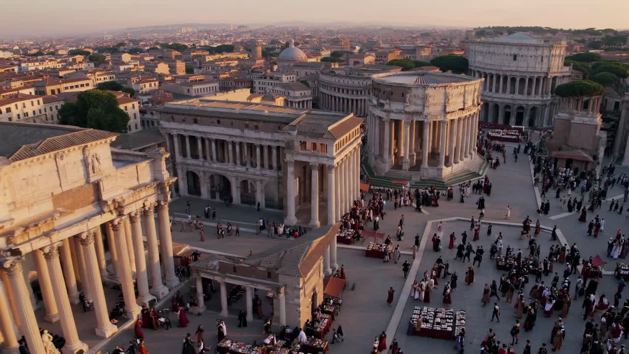 Aerial video captures ancient Roman architecture and bustling market scene at sunset video