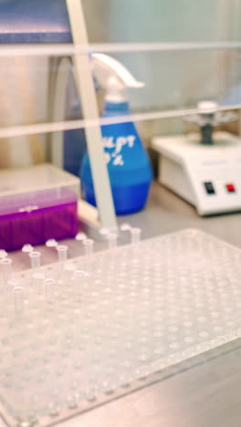 new small test tubes laying out on a plastic rack. female hand in protective glove holding tweezers while putting sterile vials on a support in the laboratory. vertical video