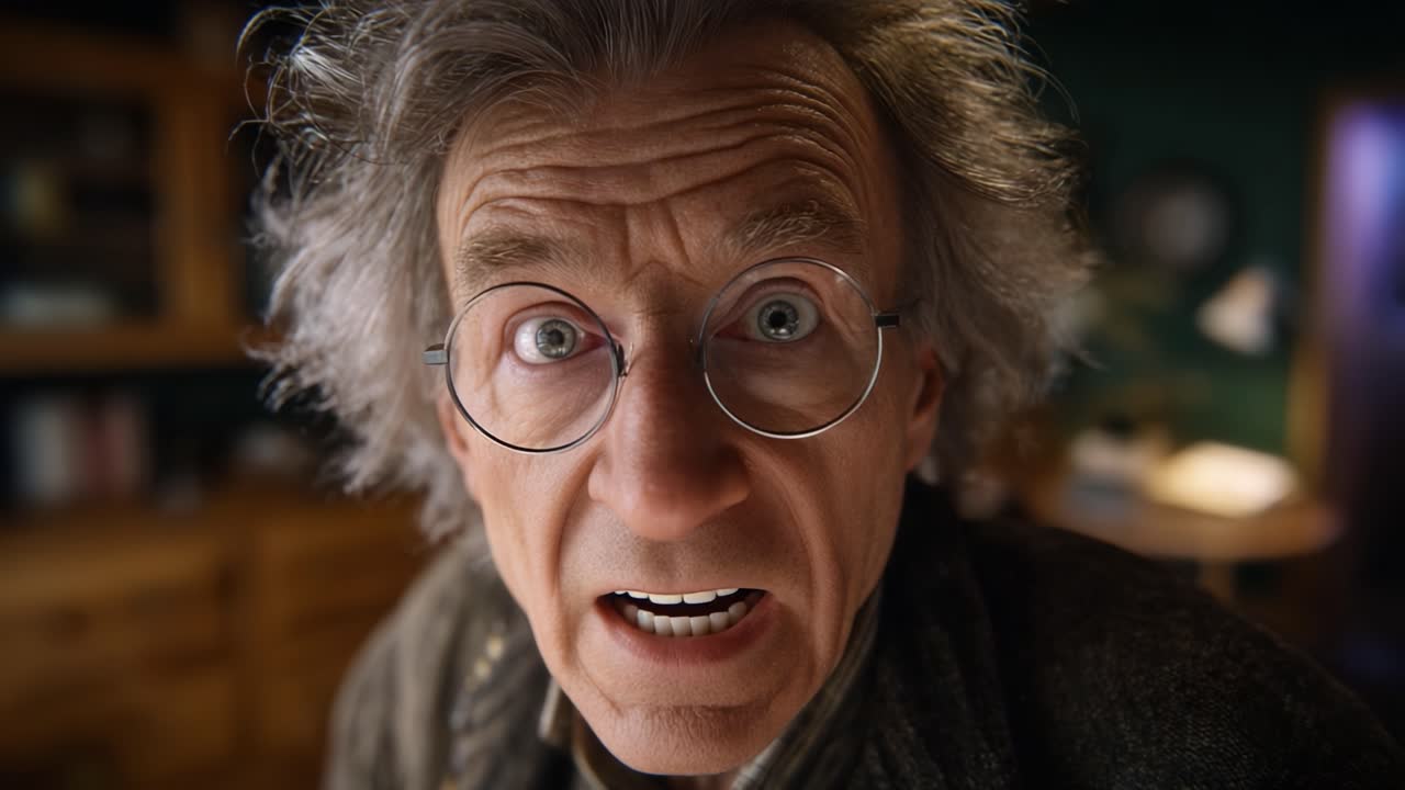 Un personaggio eccentrico e sbalordito con capelli selvaggi e occhiali guarda intensamente nella fotocamera, catturando un momento pieno di curiosità e sorpresa