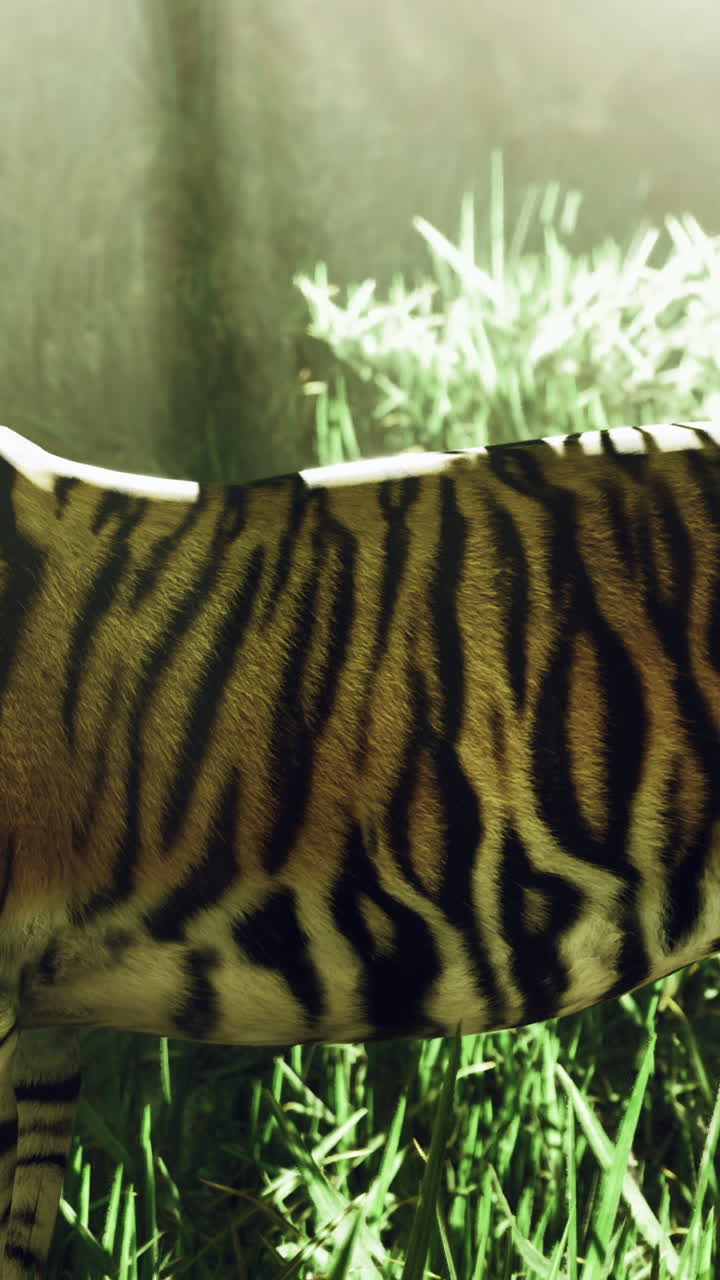 Majestic tiger walks through a sunlit forest in the morning hours
