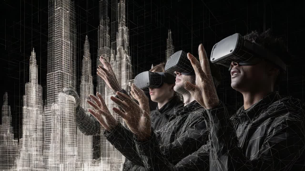 Exploring Virtual Realities: A Group Engaged with Advanced Technology in a Digital Environment, Wearing VR Headsets and Interacting with an Impressive 3D Model of Skyscrapers, Enhancing Their Immersive Experience