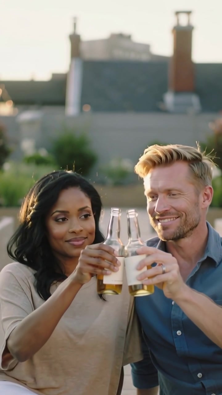 Vertical video: Smiling pair on rooftop in beige and blue, eyeing bottles and toasting sunset