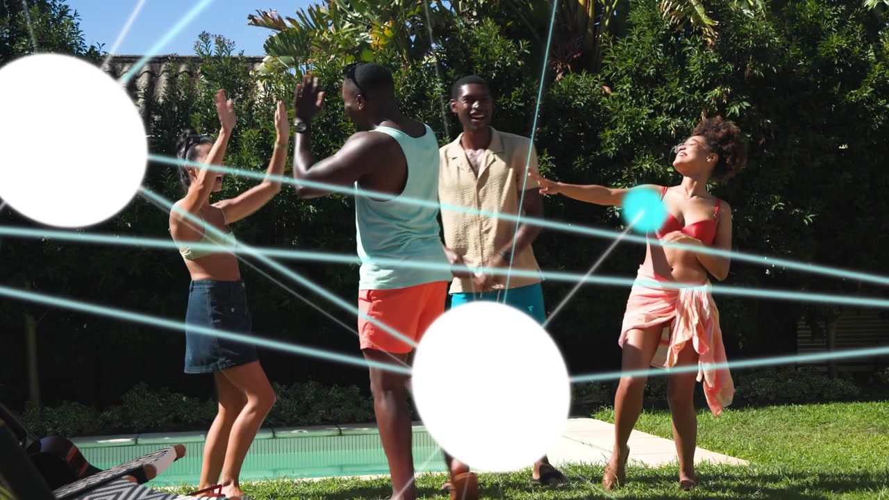 Four adults social dancing pool to music, tank man passing mid, tapping mid man, cyan overlays