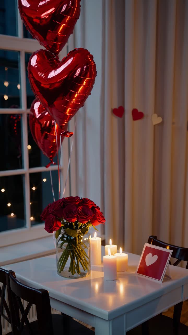 красные розы в вазе, воздушные шары в форме сердца и зажженные свечи создают романтическую атмосферу на столе, установленном на день святого валентина, с маленькими сердечными украшениями, украшающими окно