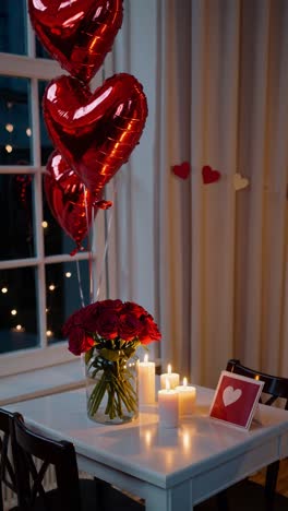 red roses in a vase, heart shaped balloons, and lit candles create a romantic atmosphere on a table set for valentine's day, with small heart decorations adorning the window