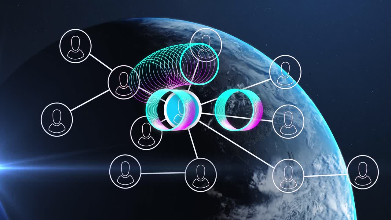 анимация глобуса через сеть соединений с иконами