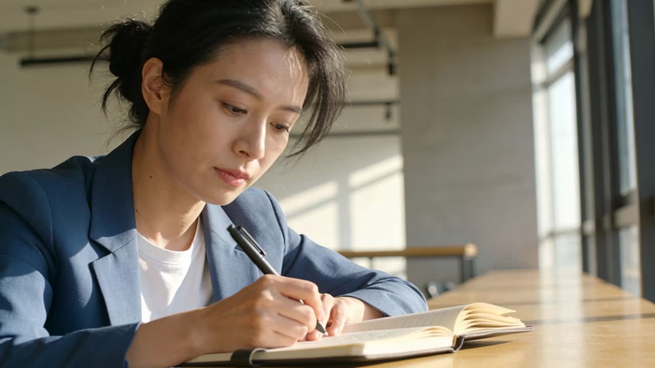 창가에서 공책에 펜으로 글을 쓰는 여성, 햇빛이 그림자를 드리우는 공부하는 모습.