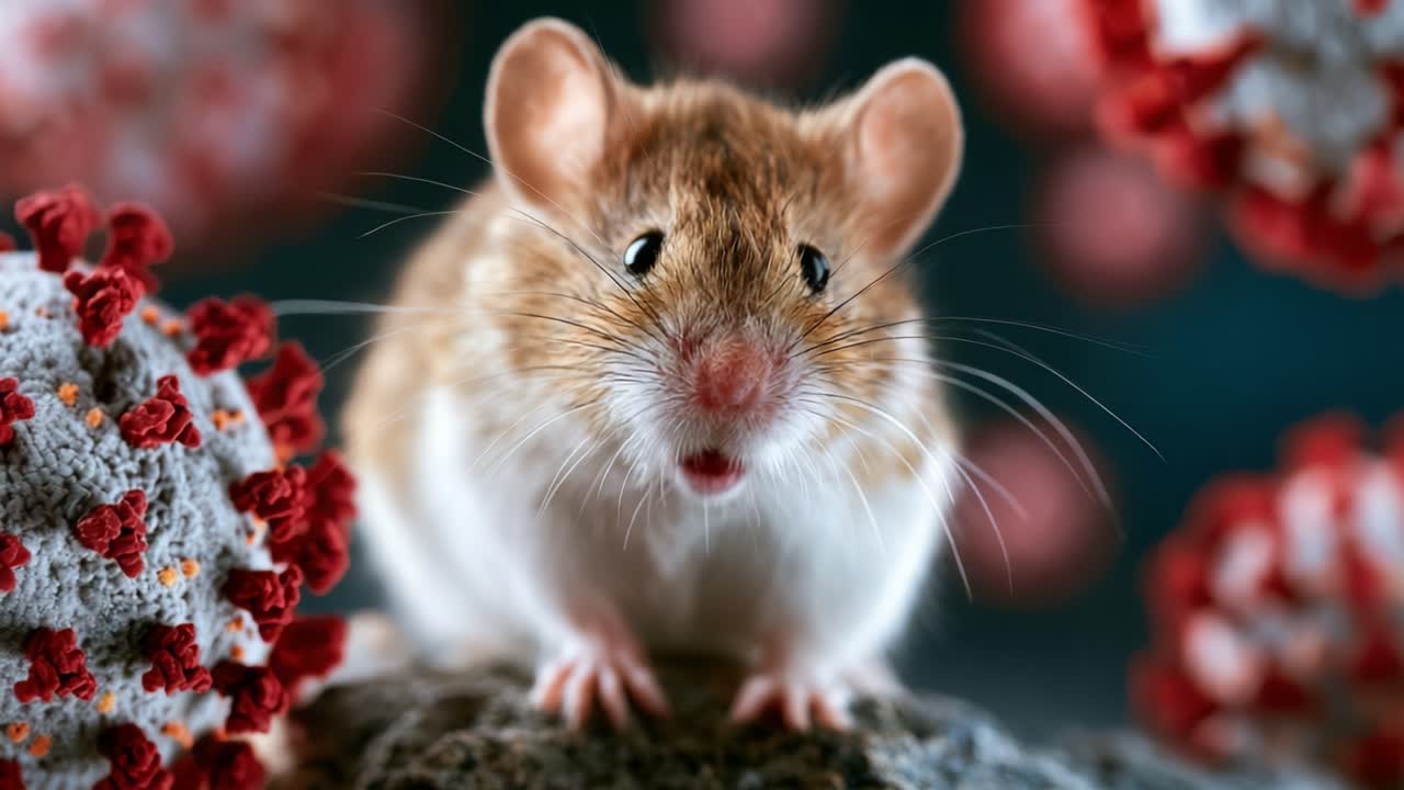 Vista ravvicinata di un topo tra particelle virali, evidenziando l'interazione tra la fisiologia dei roditori e la virologia in contesti di ricerca di laboratorio.