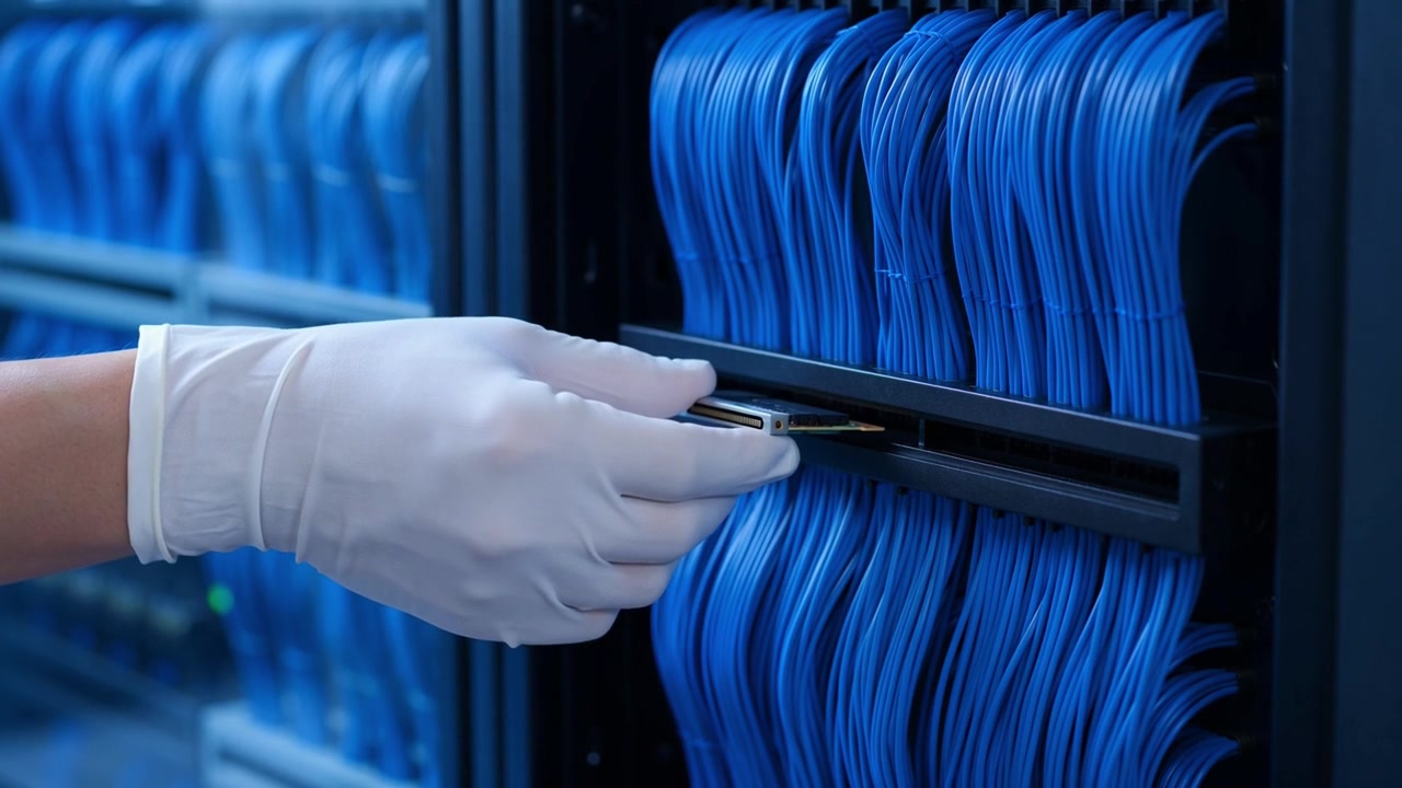 Gloved Hand Inserting Electronic Component into Server Rack