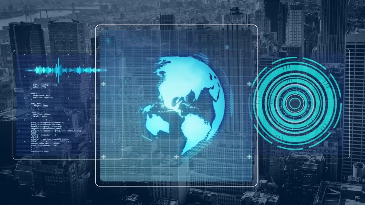 animación del procesamiento de datos con escaneo de alcance y globo sobre el paisaje urbano.