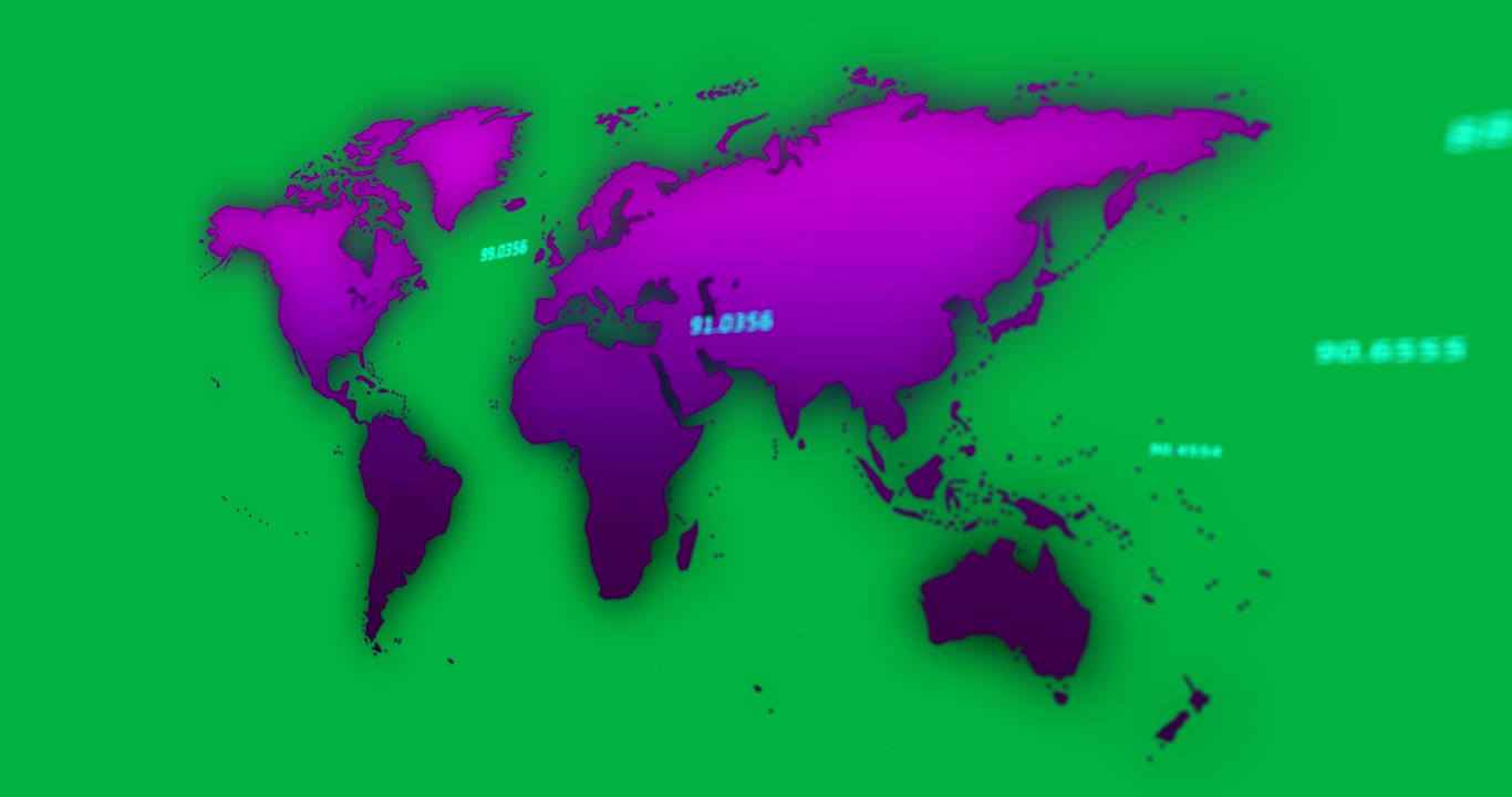 Animation of a purple map with blue changing numbers floating over blue lights flashing