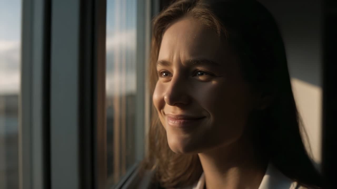 Reagindo ao sol, mulher observando a cidade na janela, transformando-se em um sorriso gentil, de camisa branca.