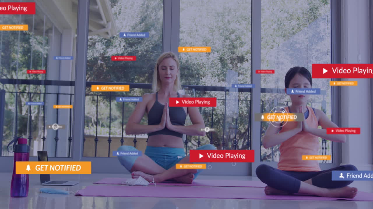 집에서 운동하는 딸과 함께 백인 여성에 대한 미디어 아이콘의 애니메이션