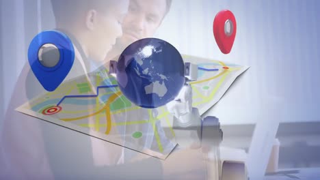 animation of location pins, cctv camera with map over business people