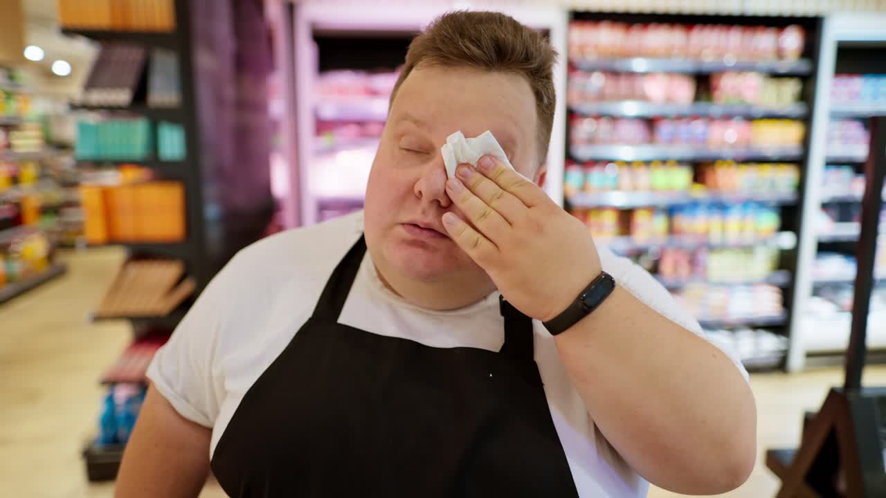 A Tired Supermarket Worker, Overweight Man, In A White T-shirt And A Black  Apron Wipes Sweat From His Forehead With A White Napkin. Taking A Break  During A Hard Day At Work