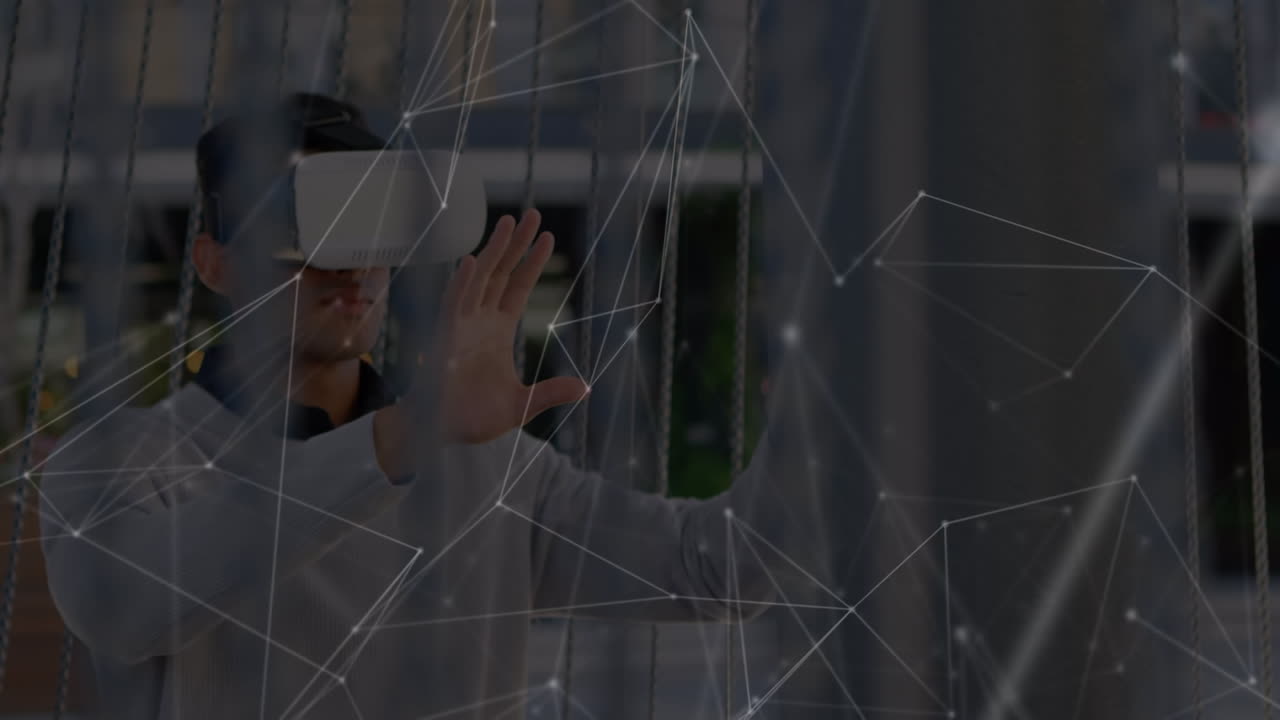 사무실에서 vr 헤드 ⁇ 을 착용한 백인 남성에 대한 연결 네트워크