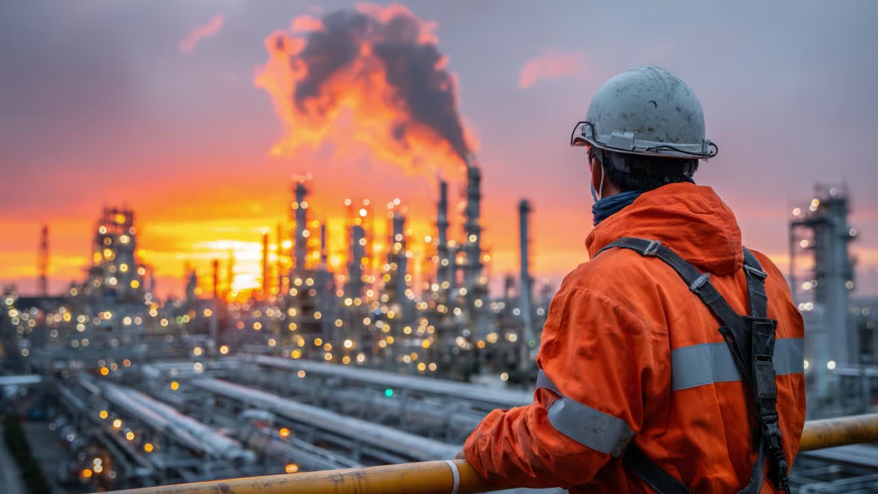 An Industrial Worker Observes the Sunset Over a Fuel Refinery, Surrounded by Smoke and Bright Lights from the Equipment, Highlighting the Intersection of Nature and Industry