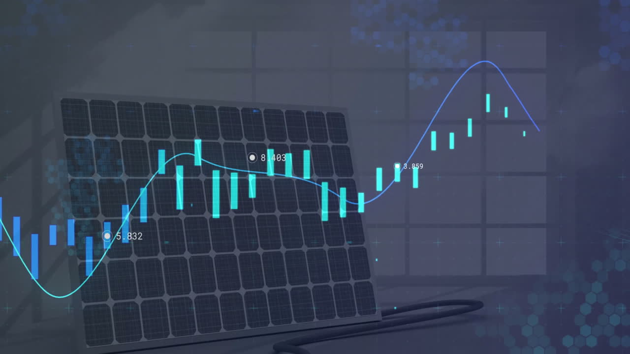 Solar panel with financial graph animation showing fluctuating data trends