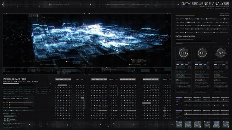 Futuristic holographic simulation of artificial neural networks, artificial intelligence deep learning performing analytic computational head up display background