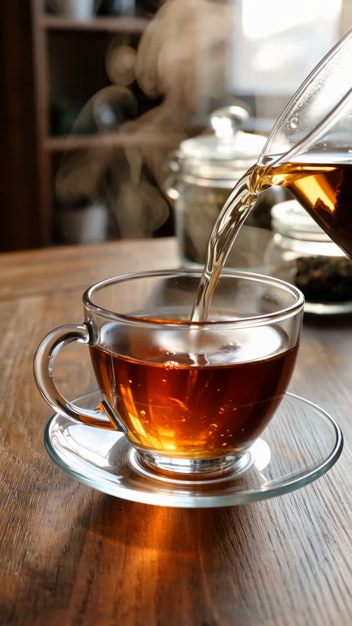 Pouring Steaming Hot Tea into a Glass Cup