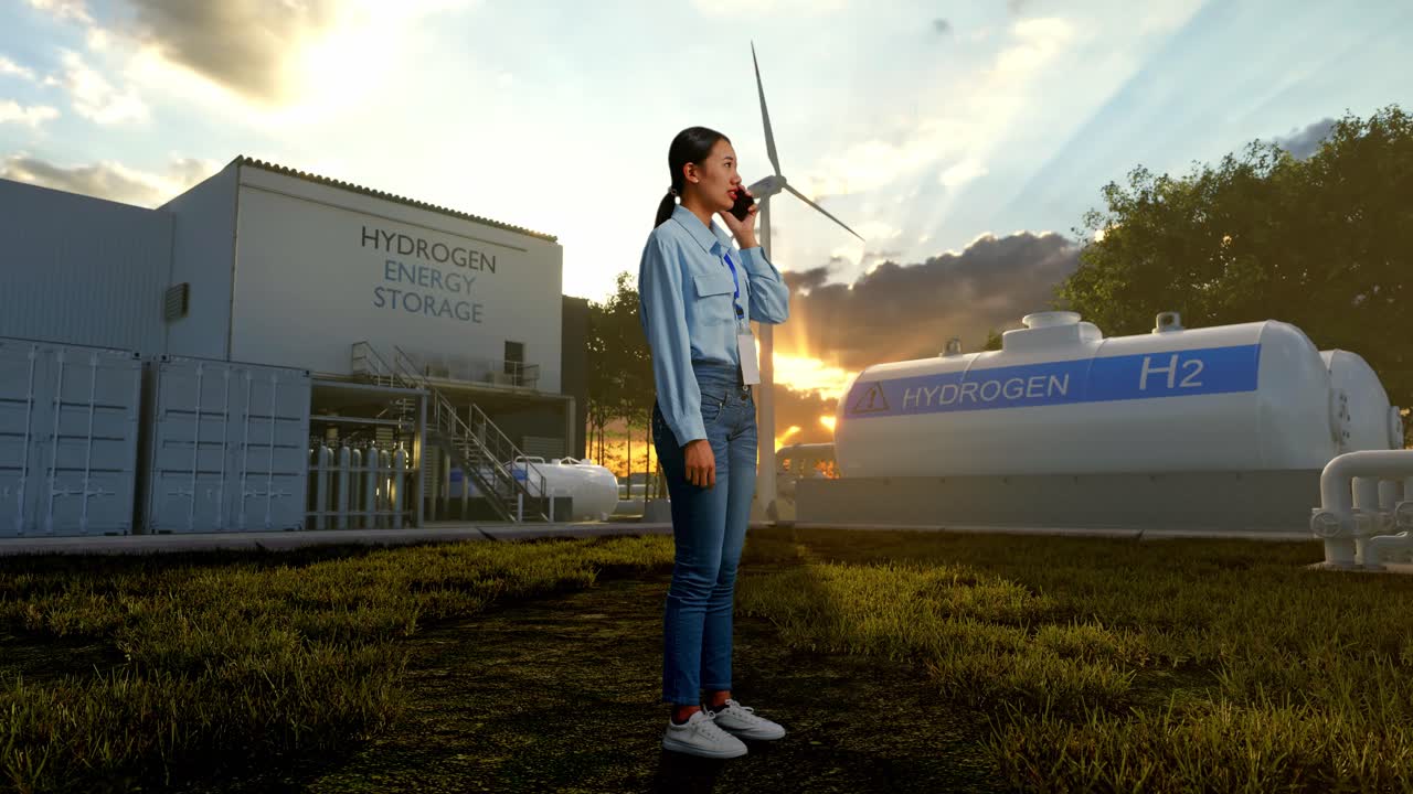 초록색 수소 공장, 첨단 산업 시설에 서있는 아시아 여성 전문 노동자의 전체 몸의 측면 시각, 그녀는 전화로 누군가와 이야기하고 있습니다.