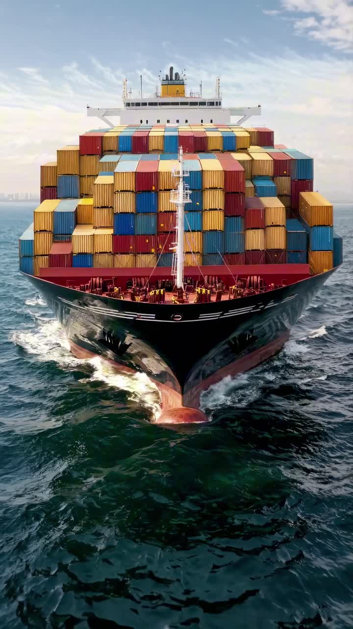 Aerial view of a large cargo ship laden with colorful containers navigating the ocean