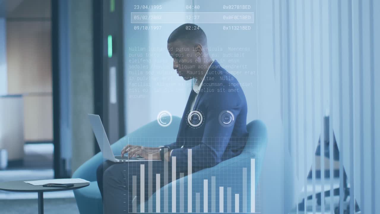 Animation of data processing over african american businessman using laptop