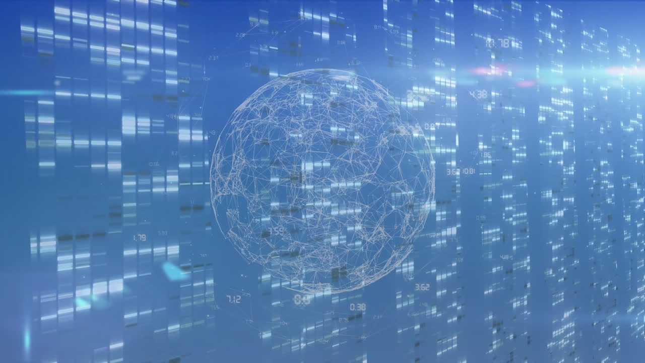 Animation of globe spinning with data processing and network of connections