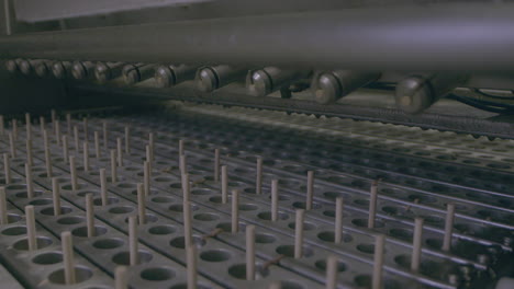 fixed clip of manufacturing line in ice cream factory, showing lolly sticks being inserted into moulds