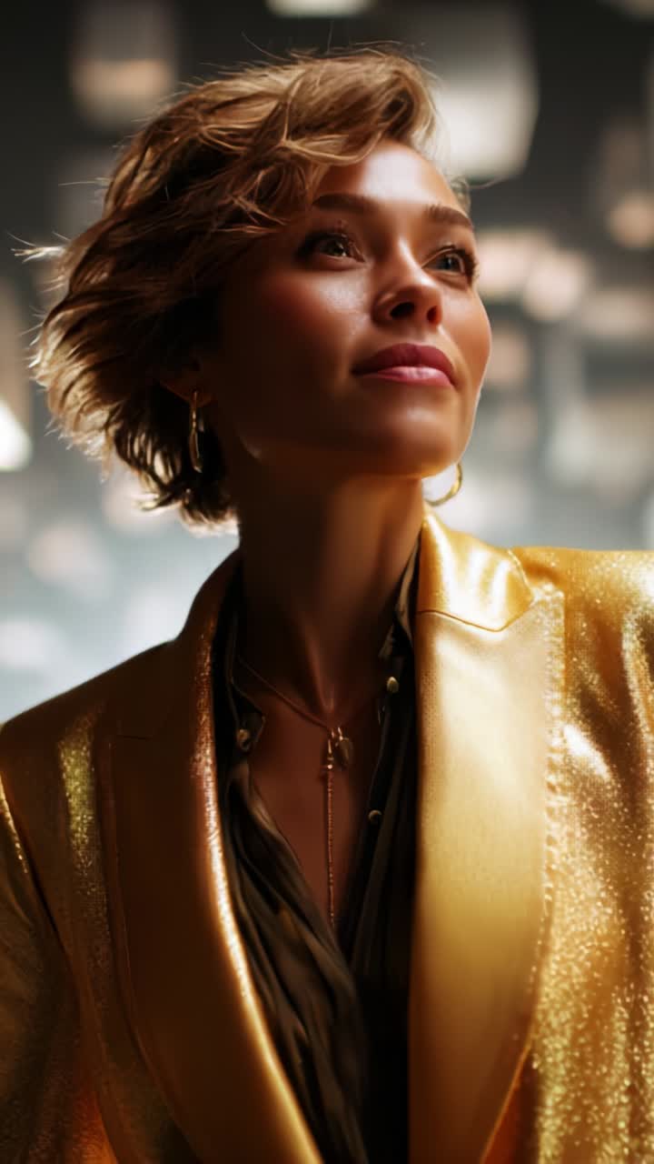 Un retrato de elegancia: capturando el aura carismática de una mujer segura de sí misma con una glamurosa chaqueta dorada sobre un fondo elegante y sofisticado.