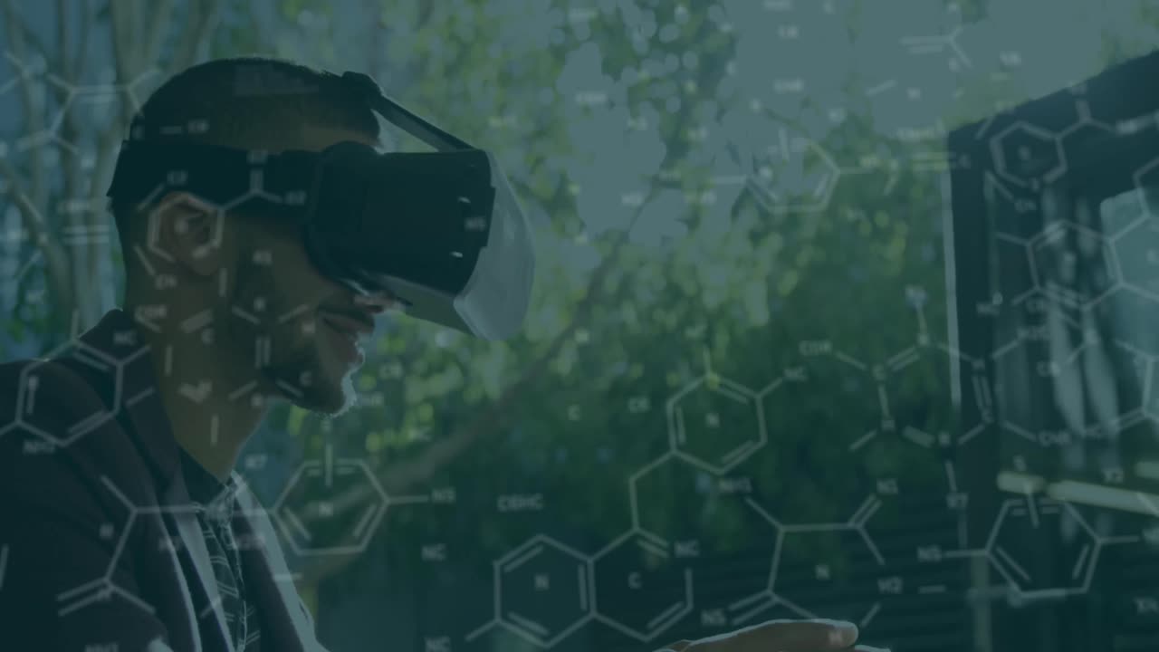 Animation of chemical formulas moving over biracial men using vr headset