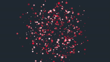 falling red and white snowflake pattern on black background