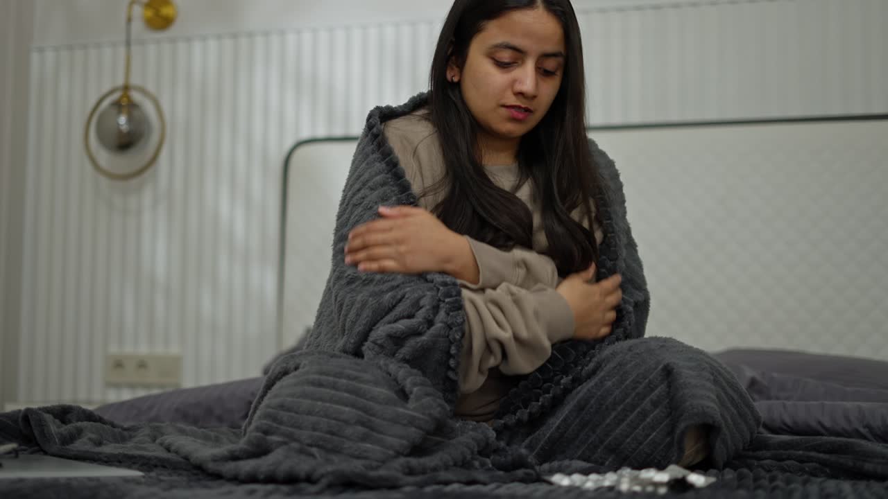 A brunette girl is sick in a brown sweater and a dark gray blanket wrapped in a blanket and chooses which pills to take while coughing and experiencing a runny nose during her illness in a modern apartment in the bedroom