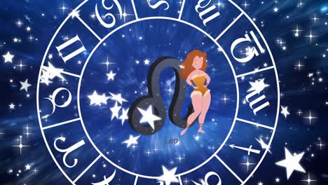 Animation-of-spinning-star-sign-wheel-with-leo-sign-and-stars