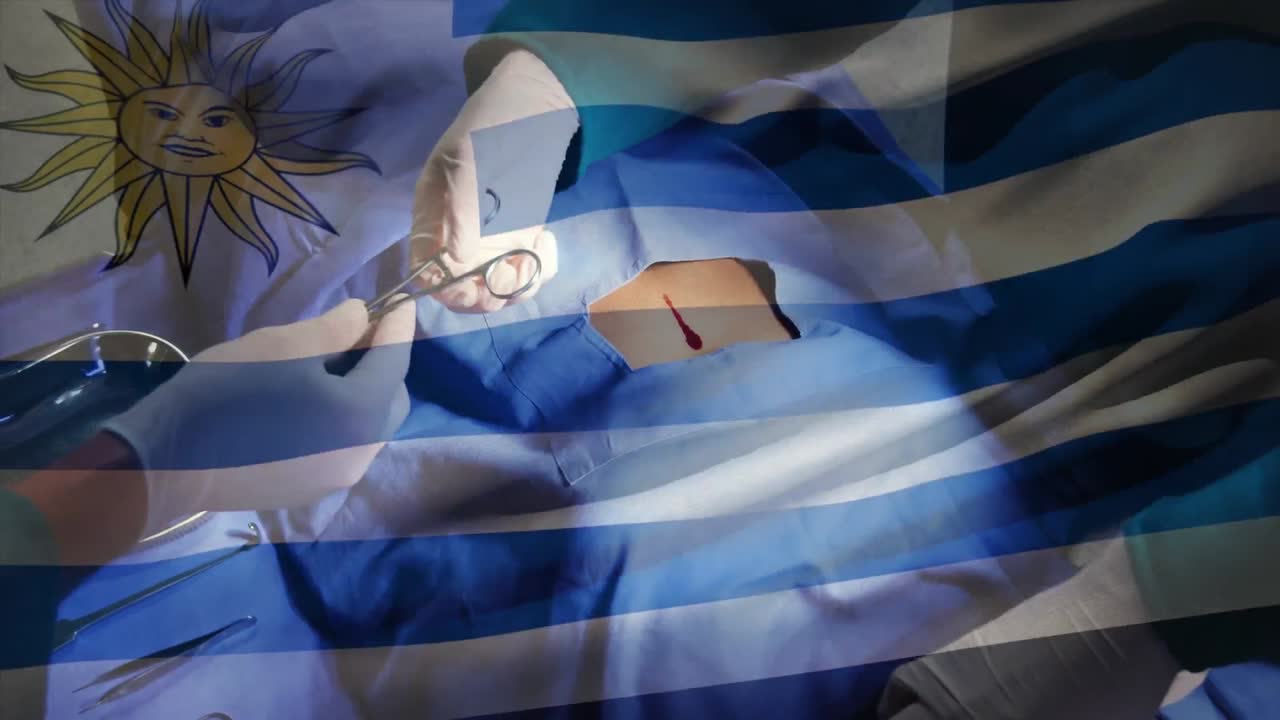 수술실 에 있는 외과 의사 들 위 에 우루과이 의  ⁇ 발 이 흔들리는 애니메이션