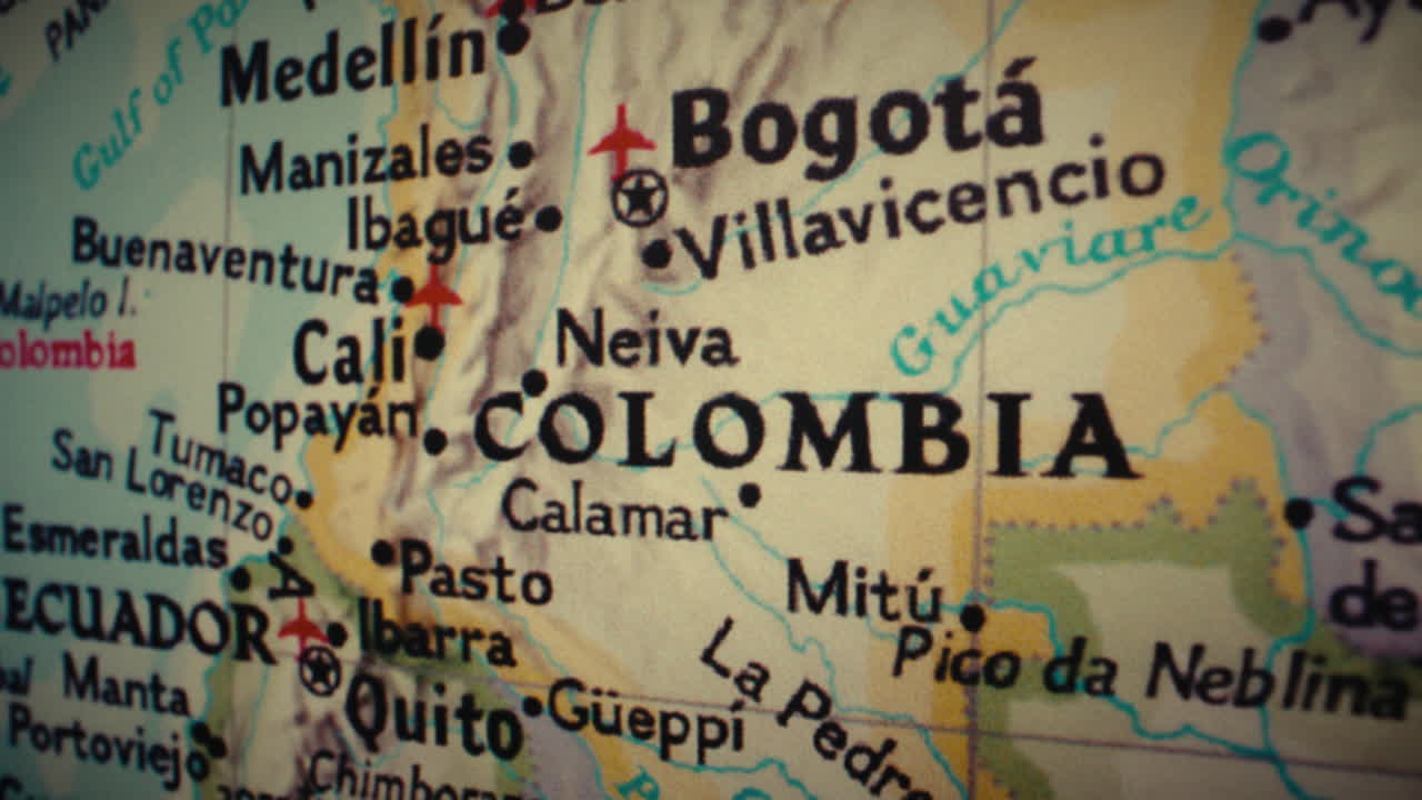 Close-up view of a map centered on Colombia and surrounding countries