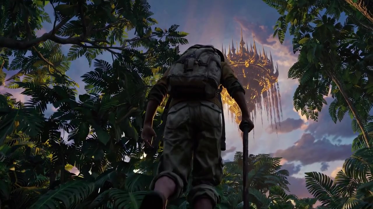 Explorer Hiking Through Tropical Jungle Toward Floating Fantasy Castle
