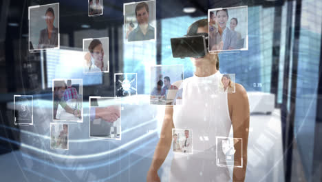 businesswoman wearing virtual reality headset