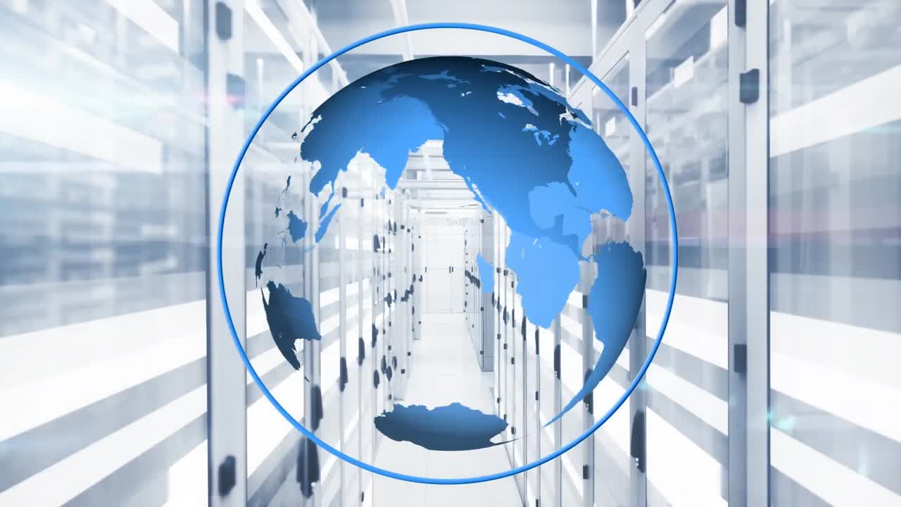 서버 의 데이터 서버 랙에 움직이는 막대기 위에 회전하는 지구의 애니메이션