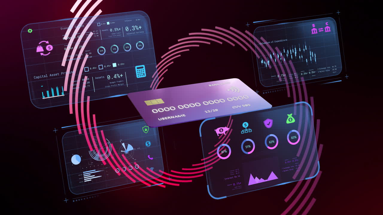 Displaying data analytics with graphs, digital dashboard in futuristic animation design