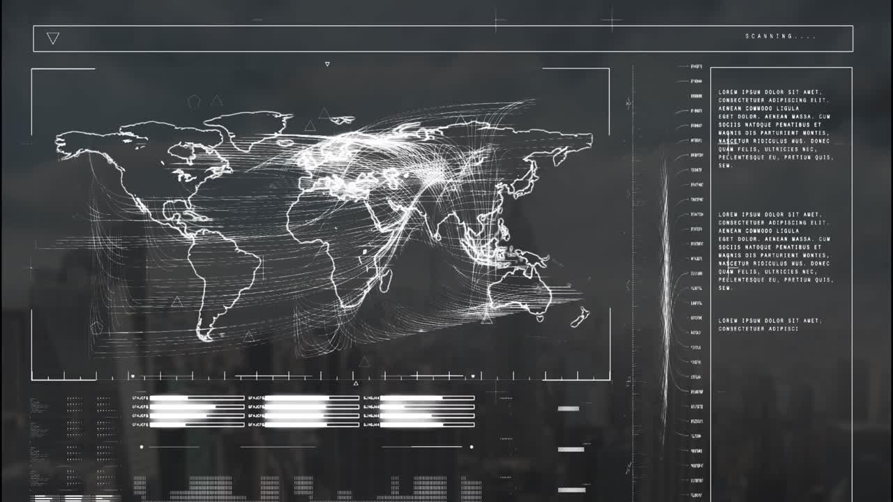 animación de la interfaz con el procesamiento de datos sobre el mapa del mundo contra la vista aérea del paisaje urbano