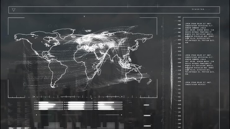 Animation of interface with data processing over world map against aerial view of cityscape