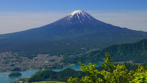 mt. fuji and lake kawaguchi seen from the fresh green shindo pass