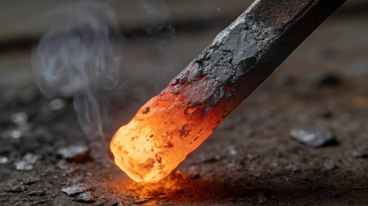 Pressing heated metal bar tip producing sparks on workshop surface, for cooling molten tip