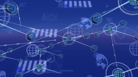 Animation of network of digital icons and statistical data processing on blue gradient background