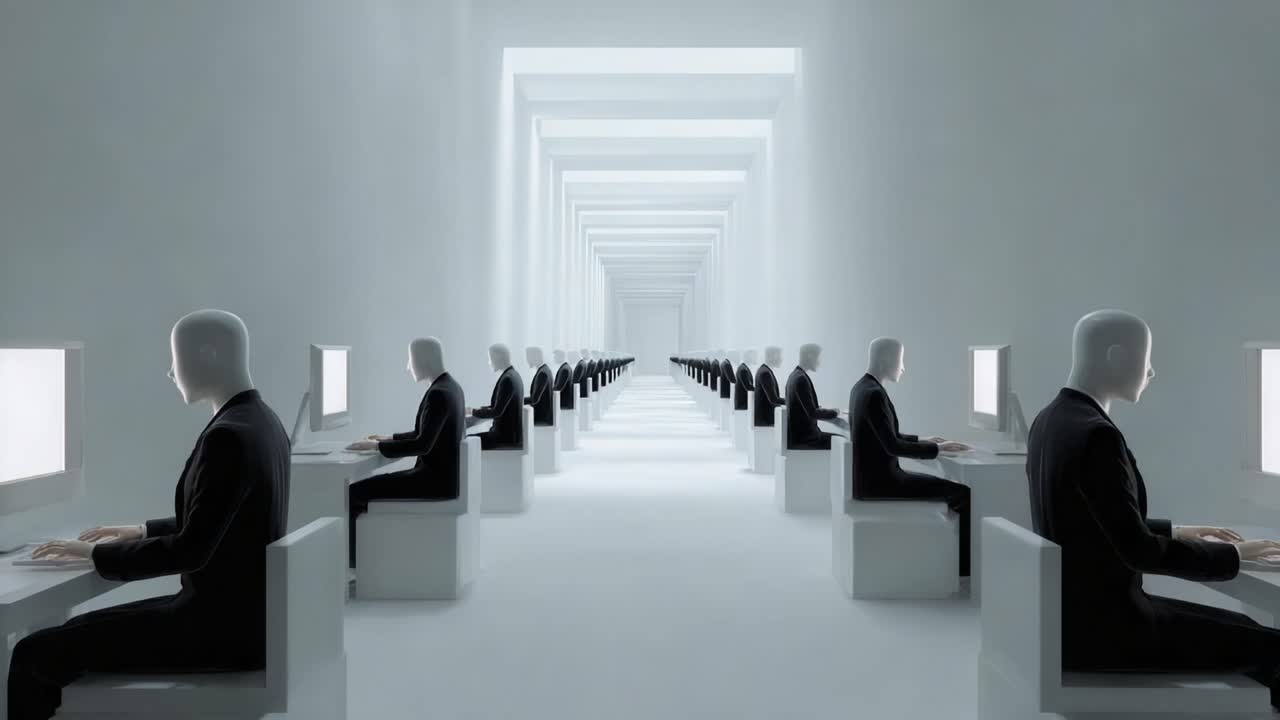 The Infinite Connection: A Surreal Exploration of Rows of Faceless Figures Engaged at Computer Desks in a Minimalist Ambience of Endless White Space