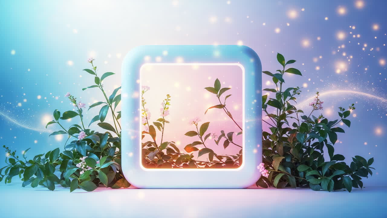 Ethereal Glowing Square Frame with Lush Green Plants and Flowers