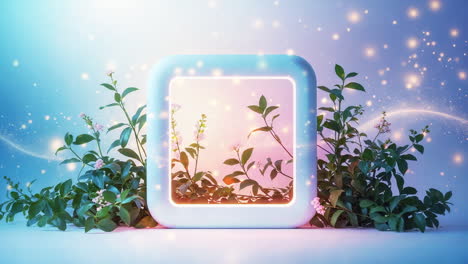 ethereal glowing square frame with lush green plants and flowers