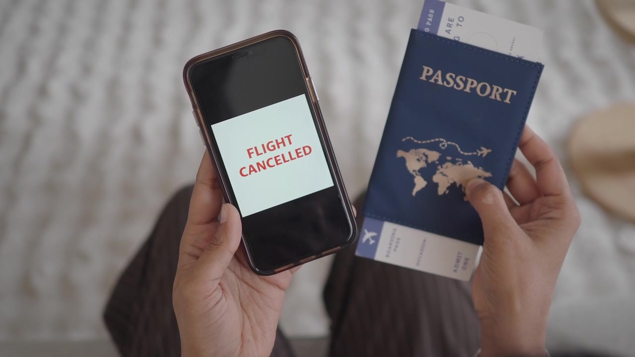 Person Holding Passport and Smartphone with Flight Cancelled Notification