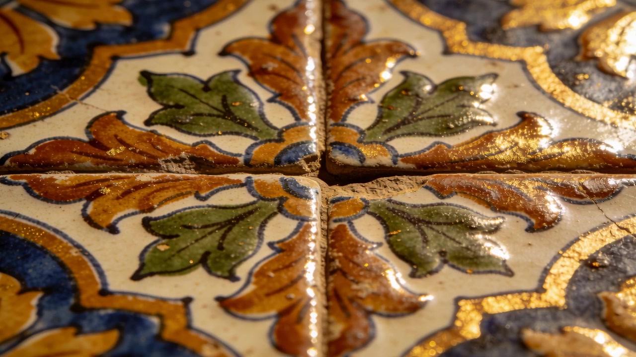 Cámara en movimiento cambiando el enfoque en la unión de azulejos en la pared, revelando la junta con motivo floral y pequeños desconchones.